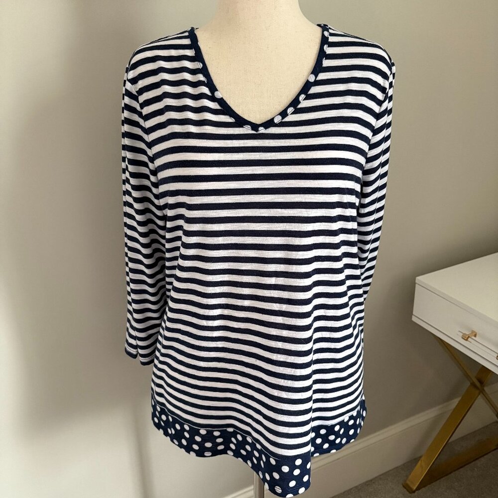 CHICO'S Women's Size L Navy and White Striped With Polka-Dot Trim Nautical